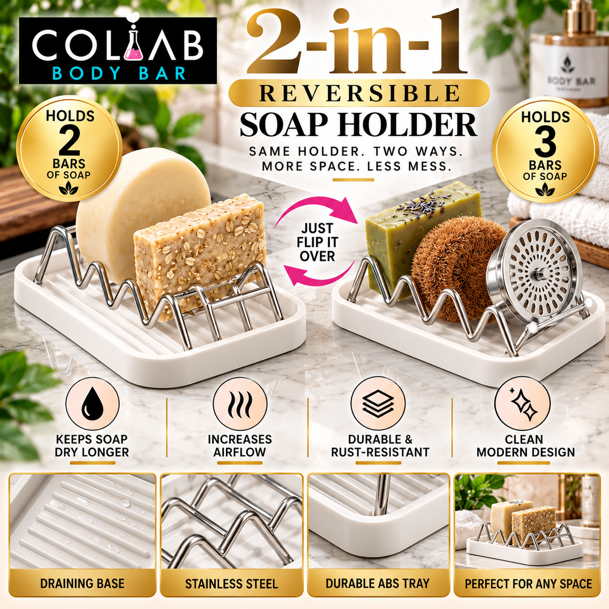 2-in-1 Reversible Soap Holder | 2 or 3 Bar Soap Organizer
