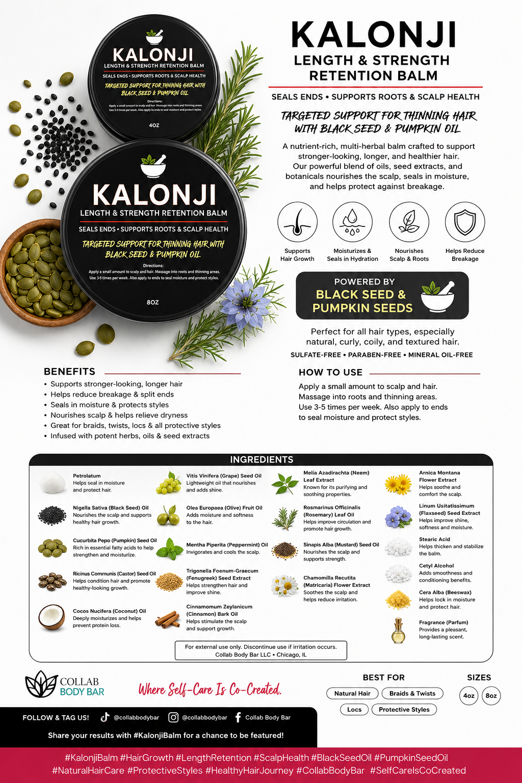 Kalonji™ Length & Strength Retention Balm | Black Seed & Pumpkin Seed Hair Balm